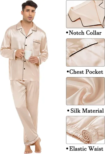 Vista 5 de SWOMOG Conjunto de pijama a juego para parejas, de satén de seda, con botones, ropa de dormir de manga larga, 2 piezas