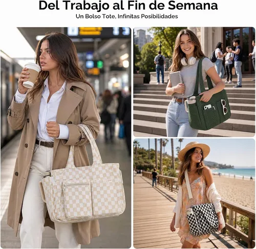 Vista 7 de TOPEAST Corduroy Tote Bag for Women, Laptop Work Tote with Cup Holder Beige-blanco.