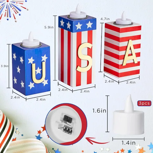 Vista 3 de Decoraciones del 4 de Julio, 3 PCS Portavelas de Madera Patrióticos con Velas de Té, Centros de Mesa Rústicos de Granja para el Hogar, Bandeja