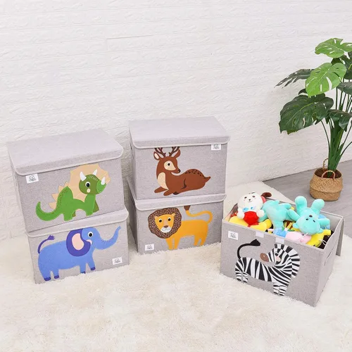 Vista 8 de Cofre plegable grande de juguetes para niños con tapa abatible, organizador de almacenamiento de juguetes de animales de tela plegable, contenedor