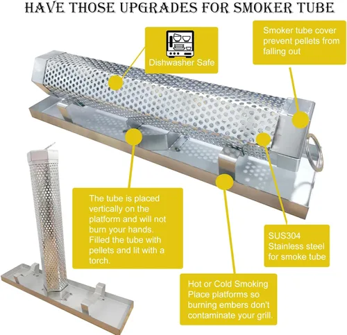 Vista 3 de Kit de Tubo Ahumador de Pellets 2X12'', Tubo de Humo para Ahumador de Pellets con Bandeja de Acero Inoxidable y Cubierta de Tubo, 5 Horas de Humo