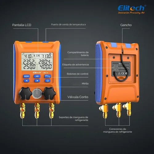 Vista 8 de Elitech Válvula de 2 vías de manómetro digital con abrazaderas de termómetro para sistemas HVAC, LMG-10