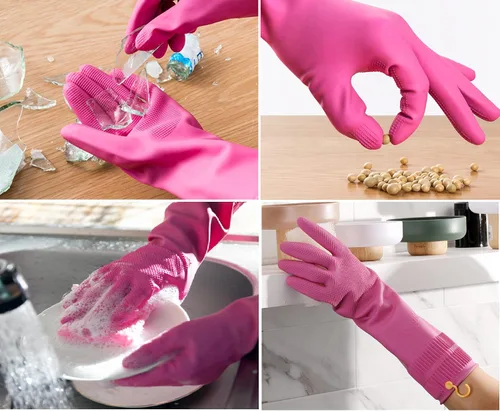 Vista 5 de Myungjin Guantes de goma antideslizantes reutilizables e impermeables para el hogar con gancho para colgar y secar (1 par/pequeño)