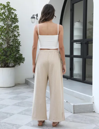 Vista 7 de Athlisan Pantalones Palazzo Holgados de Pierna Ancha para Mujer Casuales Sueltos con Cordón Cintura Elástica Pantalones de Descanso con Bolsillos