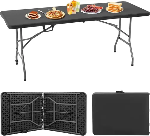 Vista 15 de PayLessHere Mesa plegable de plástico para fiestas, bodas, camping, oficina con asa de transporte (blanco, 6 pies)