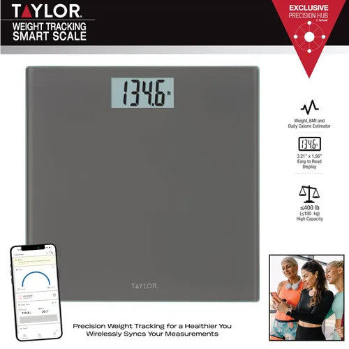 Vista 2 de Taylor Digtal - Básculas para peso corporal, capacidad altamente precisa de 400 libras, escala de encendido y apagado automático, 11.8 x 11.8 Gris