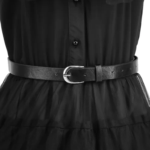 Vista 6 de LAUPHIE Disfraz de miércoles para niñas, vestido de miércoles, disfraz negro para niñas con collar, calcetines, cinturón.