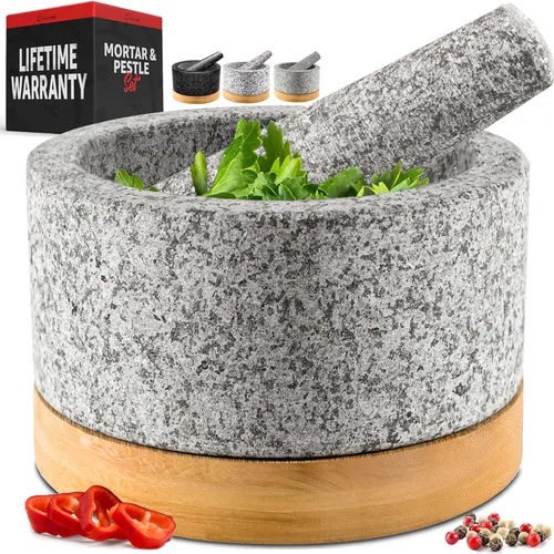 Vista 11 de Priority Chef Juego de mortero y mazo de alta resistencia con base de bambú, molinillo de piedra de granito 100% natural, tazón y machacador de Negro