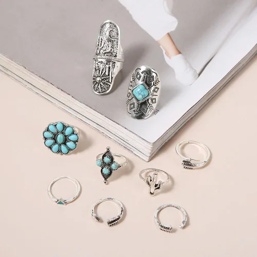 Vista 3 de Caiyao Juego de anillos retro turquesa para mujer, anillos vintage occidentales, joyería bohemia, verano, playa, anillos para adolescentes, niñas