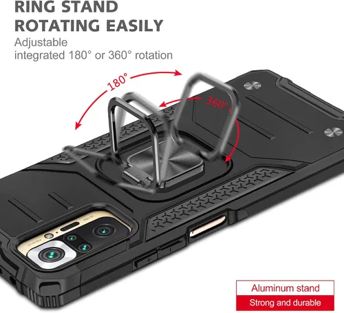Vista 4 de Asuwish Funda de teléfono para Xiaomi Redmi Note 10/10S 4G con protector de pantalla de vidrio templado y soporte de anillo delgado híbrido Negro