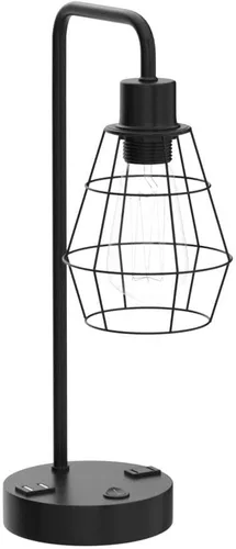 Vista 4 de BTY Juego de 2 lámparas de mesa USB Edison con puertos de carga USB duales y 2 clavijas de salida de CA, jaula de alambre de metal, lámpara de mesa