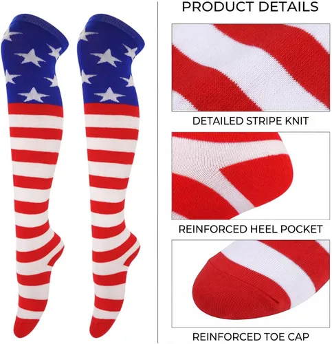 Vista 4 de Calcetines altos para mujer, calcetines altos a rayas hasta el muslo Bandera estadounidense