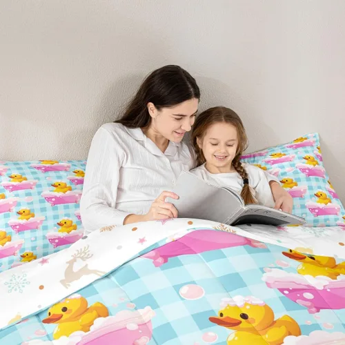 Vista 5 de Erosebridal Juego de ropa de cama a cuadros azul para niños, juego de cama individual con diseño de patos amarillos de dibujos animados, juego
