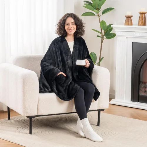 Vista 4 de Berkshire Blanket Primalush® Manta portátil, Capa de felpa con bolsillos y acogedora para estar en casa, ideal para adultos y adolescentes, Negro