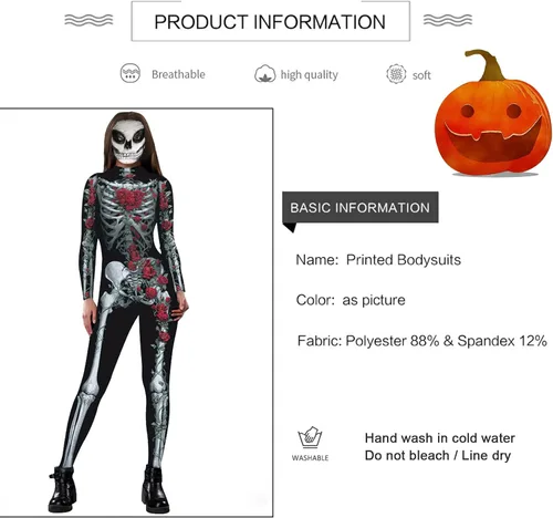 Vista 4 de Disfraz de Halloween para mujer, overol de esqueleto con estampado 3D de hueso de calavera para mujer, overol de esqueleto