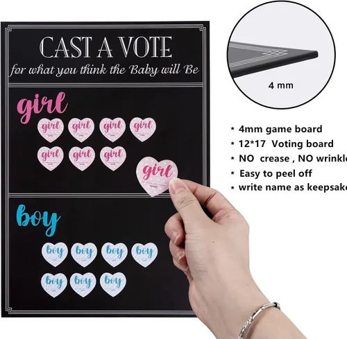 Vista 3 de Juego de mesa para revelar el género del bebé con 144 calcomanías de voto para niña o niño, cartel de voto con soporte, diseño de pizarra