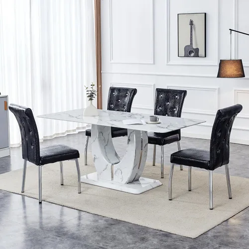 Vista 28 de Moderno juego de mesa de comedor de mármol sintético para 4, mesa de cocina rectangular blanca de 63 pulgadas con elegante base de pedestal