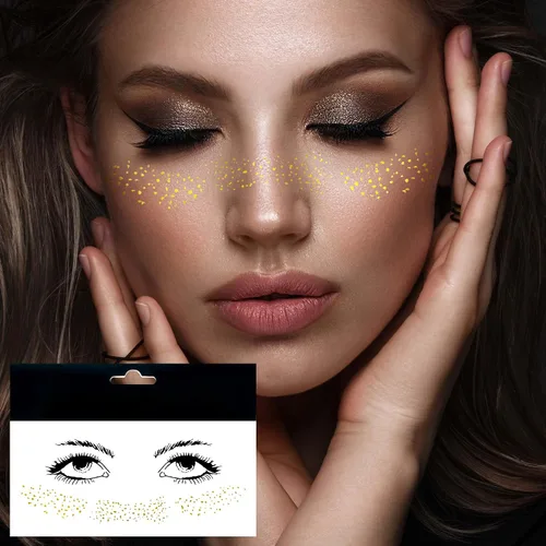 Vista 10 de 1 hoja de tatuajes faciales temporales metálicos dorados, luna celestial, estrella, pecas sintéticas, calcomanías de maquillaje, impermeables