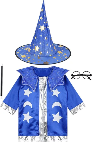 Vista 3 de renvena Disfraz de mago de Halloween para niños y niñas, conjunto de bata y sombrero de brujas