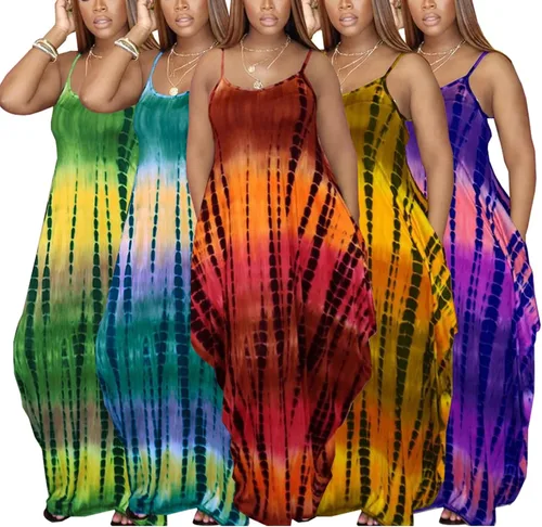 Vista 6 de DvaeMalligo Vestido largo casual para mujer, de verano, sexy, a rayas, largo hasta el suelo, sin mangas, colorido, vestidos de verano de talla grande