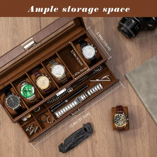 Vista 2 de ProCase Caja para reloj, caja de exhibición de 6 ranuras con cajón, caja de reloj para hombre con tapa de vidrio, organizador de almacenamiento