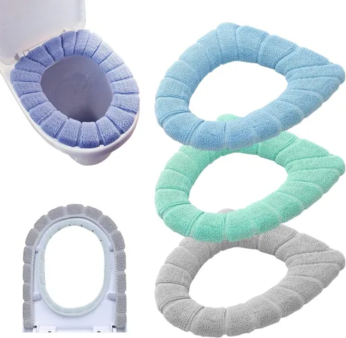 Vista 7 de Fundas de asiento de inodoro suaves y gruesas, elásticas, lavables, 3 unidades (azul, verde y gris) (gris, gris)