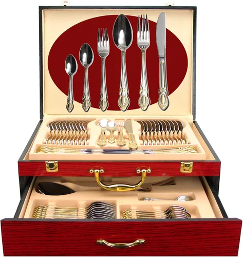 Vista 11 de Juego de cubiertos de lujo de 75 piezas para 12 con estuche de almacenamiento de madera, servicio de cubiertos de comedor de alta calidad, cubiertos