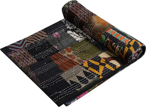 Vista 4 de Boho Sanskriti Colcha de seda india Kantha de retazos de seda tamaño Queen Twin Patola Colcha