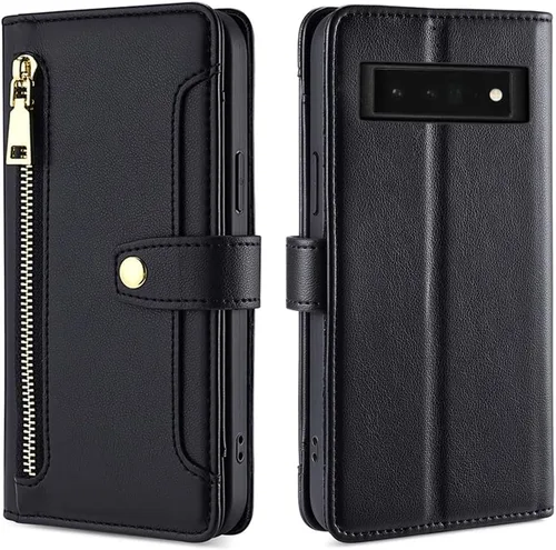 Vista 5 de Asuwish Funda de teléfono para Google Pixel 6 Pro Wallet Cover y protector de pantalla con cremallera para tarjetero, soporte de ranura de cuero