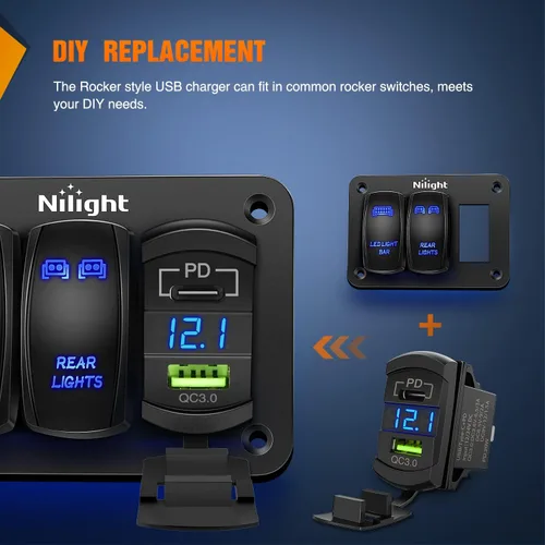 Vista 4 de Nilight Interruptor de palanca con salida USB estilo LED voltímetro conector rápido 12V PD tipo C y USB QC 3.0 para automóviles, reemplazo