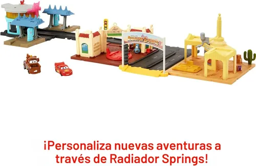 Vista 5 de Mattel Disney y Pixar Cars On The Road Playset con 2 vehículos de juguete y cuenta regresiva iluminada, incluye Lightning McQueen y Mater Truck