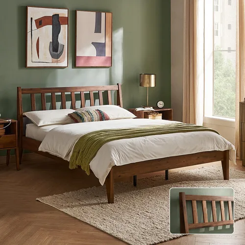 Vista 15 de mopio Ted - Marco de cama con cabecero, marco de cama de plataforma de madera maciza de acacia moderna de mediados de siglo, listones de madera, sin