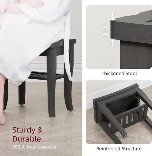 Vista 4 de Banco de ducha de bambú, taburete de ducha pequeño de spa para ducha interior, impermeable, asiento de baño con estante de almacenamiento para Negro
