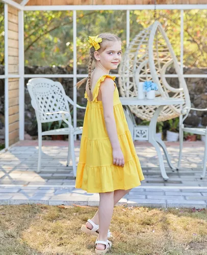 Vista 5 de Vieille Vestido de verano para niñas pequeñas, con volantes, sin mangas, casual, vestido de playa, escalonado, vestido de princesa para 2-8 años