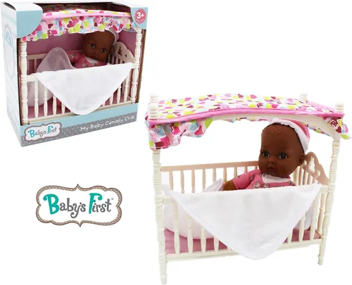 Vista 5 de Baby's First Cuna afroamericana con dosel con muñeca de cuerpo suave de 9 pulgadas y manta de bebé, segura para niños de 3 años en adelante
