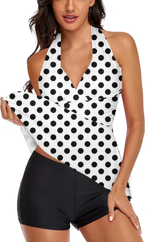 Vista 2 de Traje de baño tankini halter para mujer, de dos piezas, con control de abdomen, cuello en V, fluido con pantalones cortos