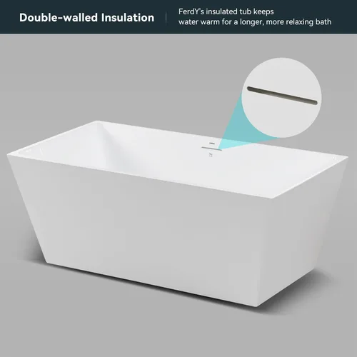 Vista 2 de FerdY Palawan - Bañera independiente de acrílico de 59 pulgadas, diseño contemporáneo rectangular para bañera de inmersión independiente
