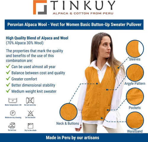 Vista 5 de TINKUY Chaleco peruano de lana de alpaca con cuello en V y rombos para mujer, S-4XL