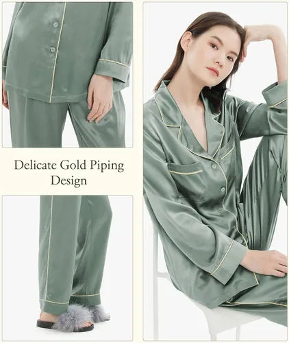 Vista 3 de LilySilk Pijama de seda para mujer, con ribetes dorados, 22 momme, 100% seda, para mujer, lavable