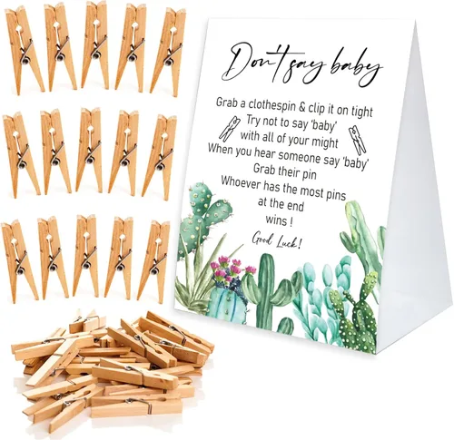 Vista 15 de Juego de pinzas para la ropa de baby shower, un cartel de papel recubierto de 5 x 7 pulgadas y 50 pinzas naturales para la ropa, baby shower