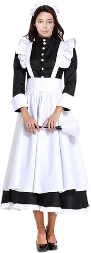 Vista 5 de Traje de sirvienta para cosplay de estilo británico, traje de ama de casa, traje francés, falda larga, vestido para adultos y mujeres