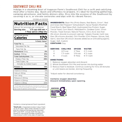 Vista 2 de Suministro de alimentos de emergencia Southwest Chili Mix, 34 porciones, vida útil de 10 años, 8 gramos de proteína por porción, certificado sin
