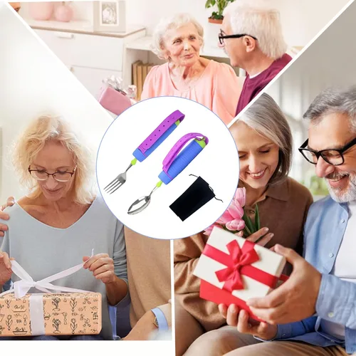 Vista 8 de Juego de utensilios adaptativos, juego de 2 cucharas y tenedores para ancianos, utensilios con peso para temblores de manos, debilidad de artritis