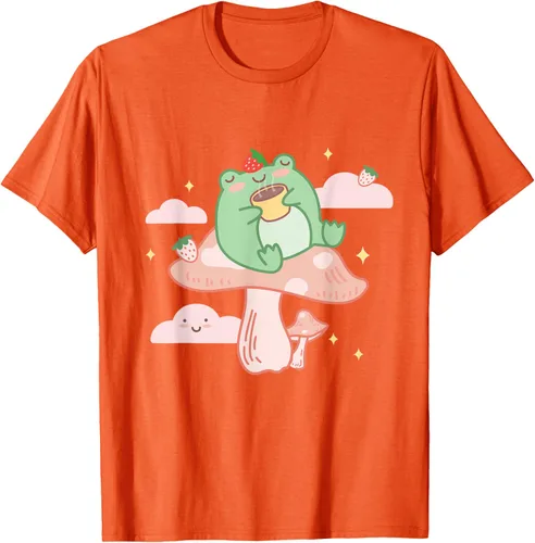 Vista 63 de Kawaii Strawberry Frog On Mushroom - Camiseta de manga corta de anime, Azul / Patchwork, S Azul Pastel