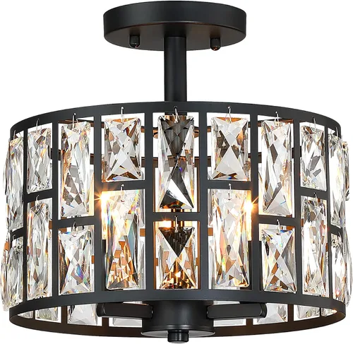 Vista 11 de MEXO Lámpara colgante de cristal moderna de 2 piezas con acabado mate negro, iluminación colgante, candelabro de cristal para sala de estar, cocina