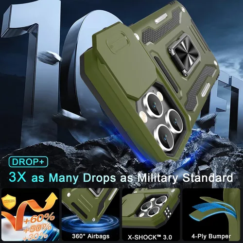 Vista 379 de DEERLAMN Funda para iPhone Xs Max con funda deslizante para cámara + protector de pantalla, soporte giratorio de anillo de grado militar a prueba