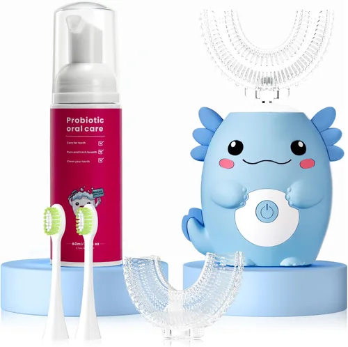 Vista 11 de Cepillo de dientes eléctrico en forma de U para niños, dinosaurio sónico, de boca completa, con 4 cabezales de cepillo suave, automático, 6 modos
