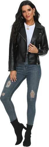 Vista 2 de Fahsyee - Chaqueta de cuero sintético para mujer, chaquetas veganas estilo motociclista