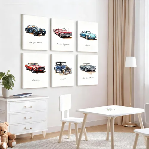 Vista 2 de 6 impresiones artísticas clásicas de acuarela para pared, carteles de súper auto para habitación de niños, decoración de habitación de autos