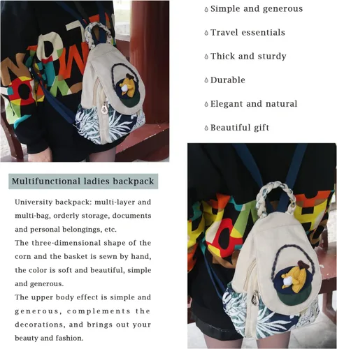 Vista 10 de HUANGGUOSHU Mochila de algodón tejida de algodón bohemio con bordado de lona estilo bohemio con múltiples bolsillos retro linda mochila cartera